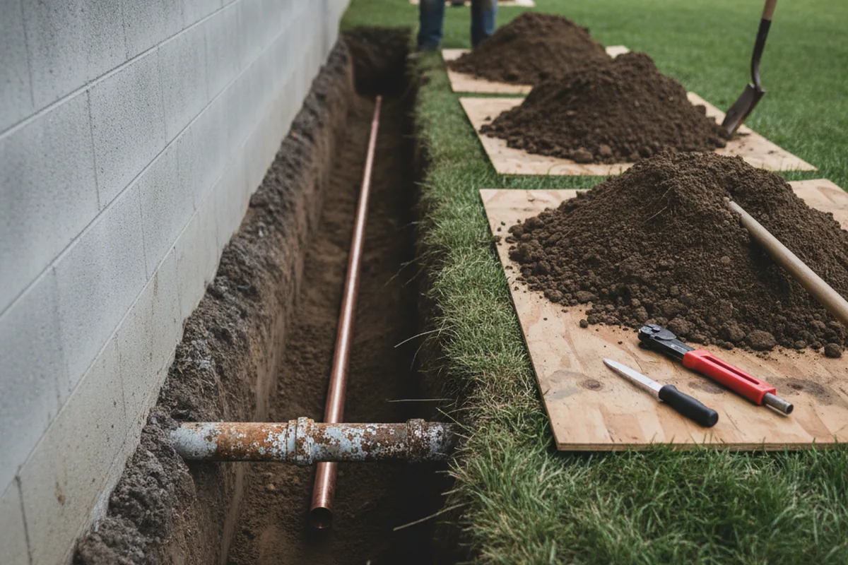 Excavated water line trench during Water Softener Installation in Webster